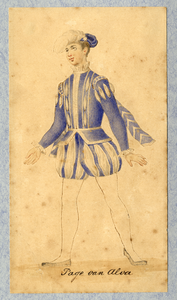 32671 Afbeelding van een kostuumontwerp van een page van Alva, figurant in de maskerade van de studenten van de ...